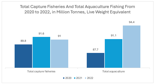 Total Capture Fisheries And Total Aquaculture Fishing From 2020 to 2022, in Million Tonnes, Live Weight Equivalent